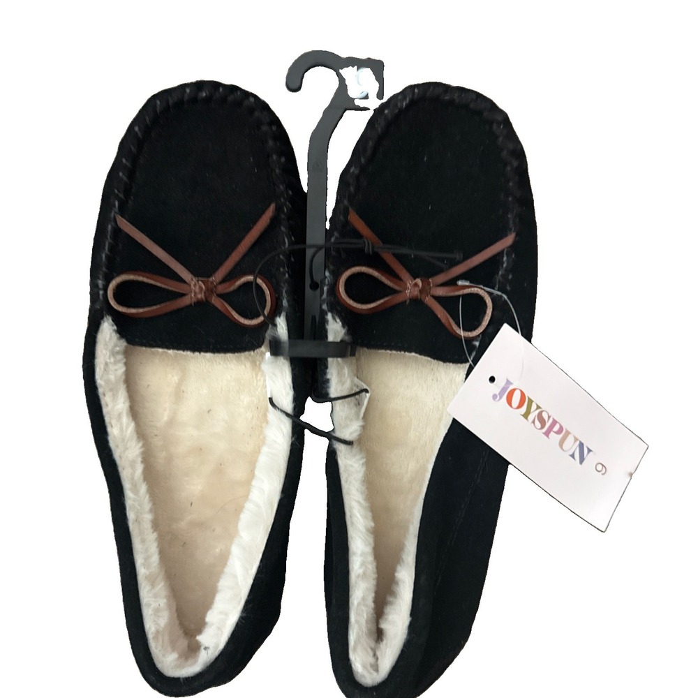 Joyspun Leather Suede Faux Fur Lined Moccasin Loafer Slippers Black Size 9